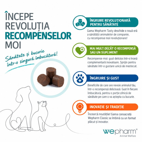WeCalm Tasty – Supliment Calmant cu Gust Plăcut pentru Câini și Pisici, 30 Comprimate Masticabile – WePharm